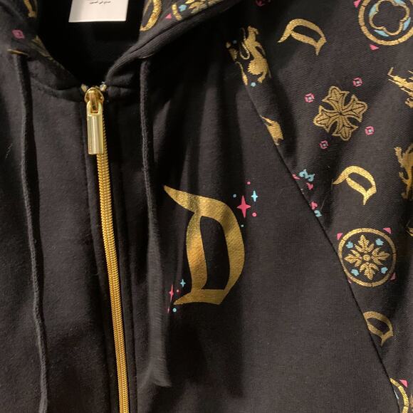 Disney Gold Foil Print Hoodie Adults Size L Black Full Zip Raglan Sleeves Unisex - Picture 3 of 6